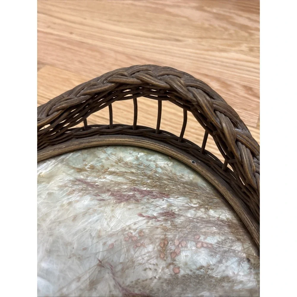 Wicker Oval Serving Tray Real Pressed Butterfly Dried Flower Vintage Glass 19